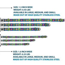 Dog Bone Black/Silver Seatbelt Buckle Collar - Funky Flower Drip Blue/Multi Color