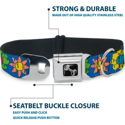 Dog Bone Black/Silver Seatbelt Buckle Collar - Funky Flower Drip Blue/Multi Color