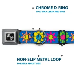 Dog Bone Black/Silver Seatbelt Buckle Collar - Funky Flower Drip Blue/Multi Color