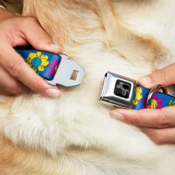 Dog Bone Black/Silver Seatbelt Buckle Collar - Funky Flower Drip Blue/Multi Color