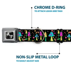 Dog Bone Black/Silver Seatbelt Buckle Collar - Mushroom SHROOMY Garden Black/Multi Color