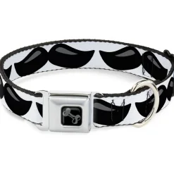 Dog Bone Black/Silver Seatbelt Buckle Collar - Plastic Mustache White/Black