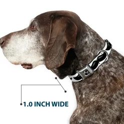 Dog Bone Black/Silver Seatbelt Buckle Collar - Plastic Mustache White/Black