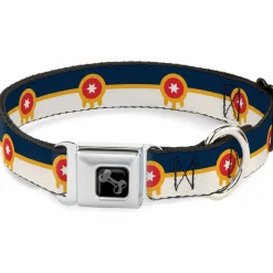 Dog Bone Black/Silver Seatbelt Buckle Collar - Tulsa Oklahoma City Flag Navy Blue/Gold/Red/Beige