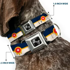 Dog Bone Black/Silver Seatbelt Buckle Collar - Tulsa Oklahoma City Flag Navy Blue/Gold/Red/Beige