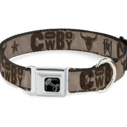 Dog Bone Black/Silver Seatbelt Buckle Collar - Western COWBOY Icons Collage Tan/Browns