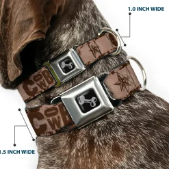 Dog Bone Black/Silver Seatbelt Buckle Collar - Western COWBOY Icons Collage Tan/Browns
