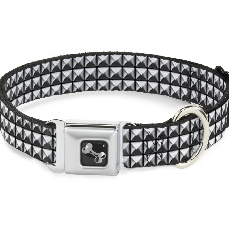 Dog Bone Black/Silver Seatbelt Buckle Collar - Printed Studs