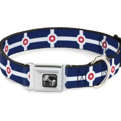 Dog Bone Black/Silver Seatbelt Buckle Collar - Indianapolis Flag Navy Blue/White/Red