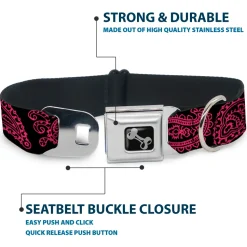 Dog Bone Black/Silver Seatbelt Buckle Collar - Paisley Black/Neon Pink