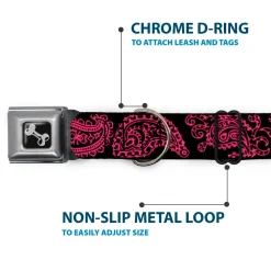 Dog Bone Black/Silver Seatbelt Buckle Collar - Paisley Black/Neon Pink