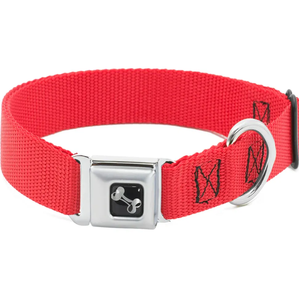 Dog Bone Black/Silver Seatbelt Buckle Collar - Red Nylon