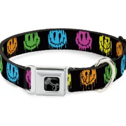 Dog Bone Black/Silver Seatbelt Buckle Collar - Smiley Face Melted Repeat Black/Multi Neon