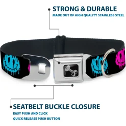 Dog Bone Black/Silver Seatbelt Buckle Collar - Smiley Face Melted Repeat Black/Multi Neon