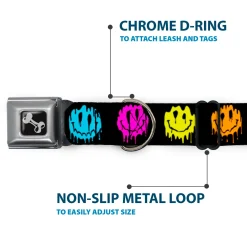 Dog Bone Black/Silver Seatbelt Buckle Collar - Smiley Face Melted Repeat Black/Multi Neon