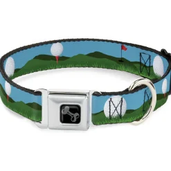 Dog Bone Black/Silver Seatbelt Buckle Collar - Golf Course/Balls/Holes Blues/Greens