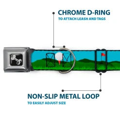 Dog Bone Black/Silver Seatbelt Buckle Collar - Golf Course/Balls/Holes Blues/Greens