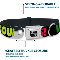 Dog Bone Black/Silver Seatbelt Buckle Collar - IN YOUR DREAMS! Black/Pink/Green/Yellow