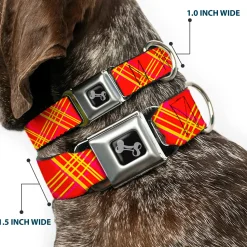Dog Bone Black/Silver Seatbelt Buckle Collar - Plaid X4 Fluorescent Oranges/Pinks/Yellow