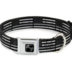 Dog Bone Black/Silver Seatbelt Buckle Collar - Thin Gray Line Flag Weathered Black/Grays