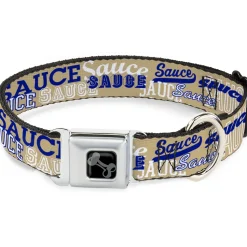 Dog Bone Black/Silver Seatbelt Buckle Collar - SAUCE Typography Collage Tan/White/Blue