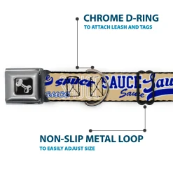 Dog Bone Black/Silver Seatbelt Buckle Collar - SAUCE Typography Collage Tan/White/Blue