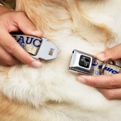 Dog Bone Black/Silver Seatbelt Buckle Collar - SAUCE Typography Collage Tan/White/Blue