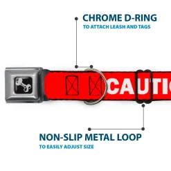 Dog Bone Black/Silver Seatbelt Buckle Collar - Pet Quote CAUTION Red/White