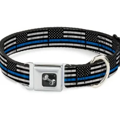Dog Bone Black/Silver Seatbelt Buckle Collar - Thin Blue Line Flag Weathered Black/Gray/Blue