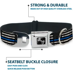 Dog Bone Black/Silver Seatbelt Buckle Collar - Thin Blue Line Flag Weathered Black/Gray/Blue