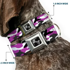 Dog Bone Black/Silver Seatbelt Buckle Collar - Camo Purple/Black/Gray/White