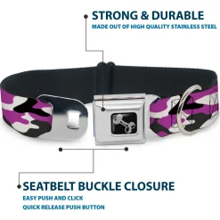 Dog Bone Black/Silver Seatbelt Buckle Collar - Camo Purple/Black/Gray/White
