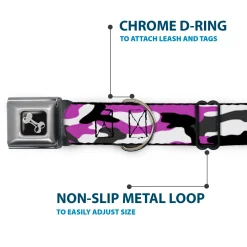 Dog Bone Black/Silver Seatbelt Buckle Collar - Camo Purple/Black/Gray/White