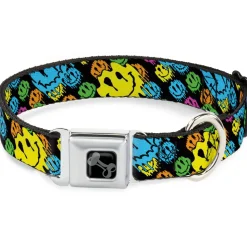 Dog Bone Black/Silver Seatbelt Buckle Collar - Smiley Faces Melted Stacked Black/Multi Neon