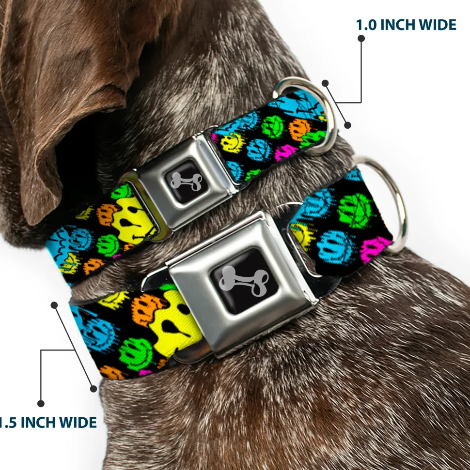 Dog Bone Black/Silver Seatbelt Buckle Collar - Smiley Faces Melted Stacked Black/Multi Neon