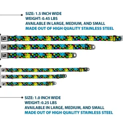 Dog Bone Black/Silver Seatbelt Buckle Collar - Smiley Faces Melted Stacked Black/Multi Neon