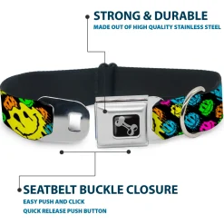 Dog Bone Black/Silver Seatbelt Buckle Collar - Smiley Faces Melted Stacked Black/Multi Neon