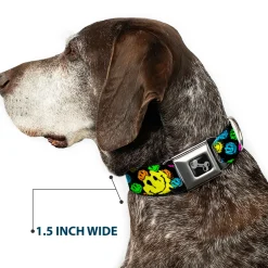Dog Bone Black/Silver Seatbelt Buckle Collar - Smiley Faces Melted Stacked Black/Multi Neon