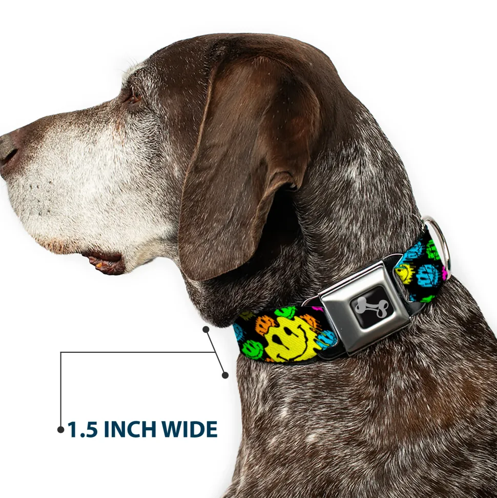 Dog Bone Black/Silver Seatbelt Buckle Collar - Smiley Faces Melted Stacked Black/Multi Neon