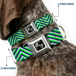 Dog Bone Black/Silver Seatbelt Buckle Collar - Chevron Stripe White/Neon Green/Navy