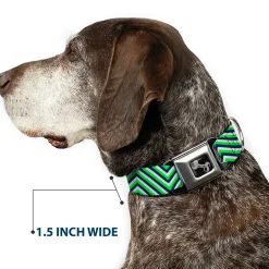 Dog Bone Black/Silver Seatbelt Buckle Collar - Chevron Stripe White/Neon Green/Navy