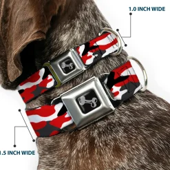 Dog Bone Black/Silver Seatbelt Buckle Collar - Camo Red/Black/Gray/White
