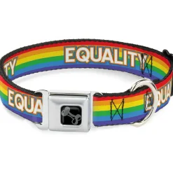 Dog Bone Black/Silver Seatbelt Buckle Collar - EQUALITY/Stripe Rainbow/White