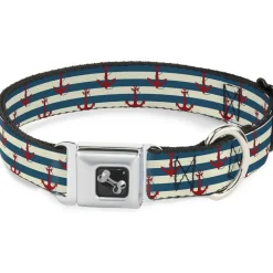 Dog Bone Seatbelt Buckle Collar - Anchors w/Stripes White/Blue/Red