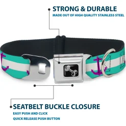 Dog Bone Seatbelt Buckle Collar - Anchor/Stripe Teal/White/Purple