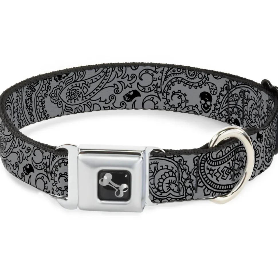 Dog Bone Seatbelt Buckle Collar - Bandana/Skulls Silver/Black