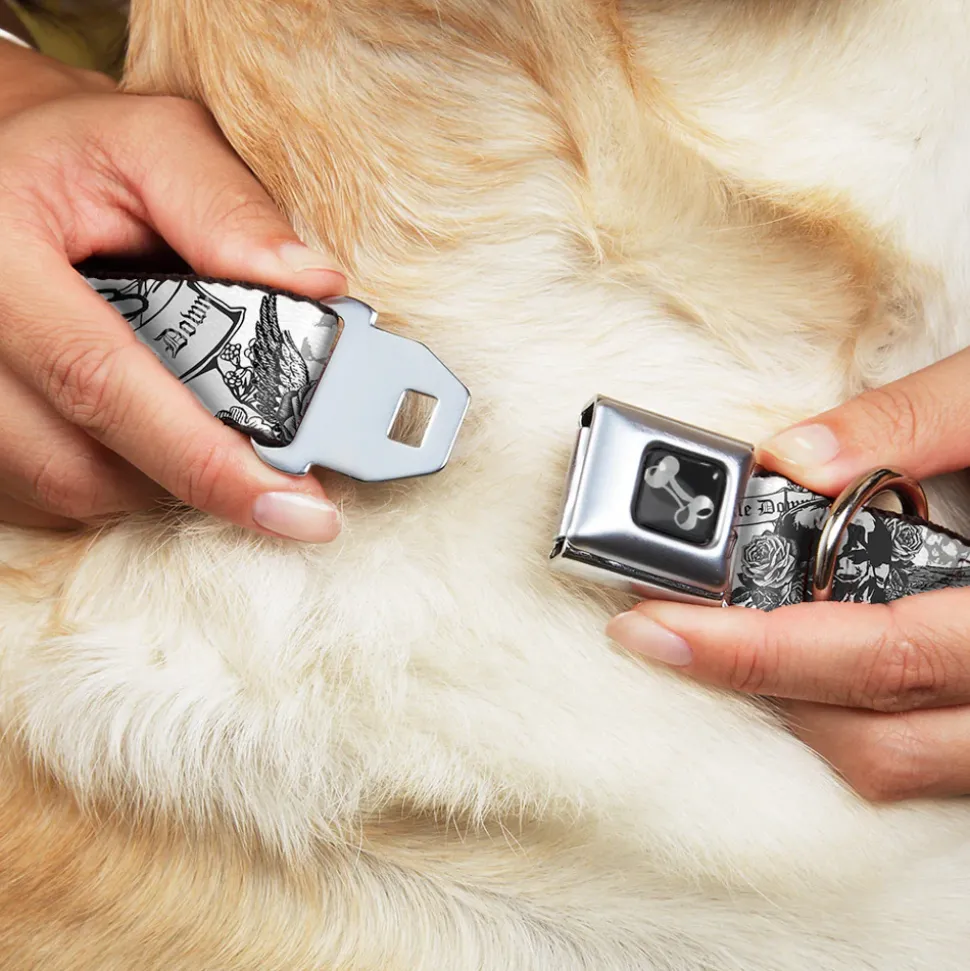 Dog Bone Seatbelt Buckle Collar - BD Skull w/Roses
