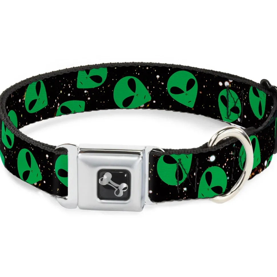 Dog Bone Seatbelt Buckle Collar - Aliens Head Scattered Galaxy2/Green/Black