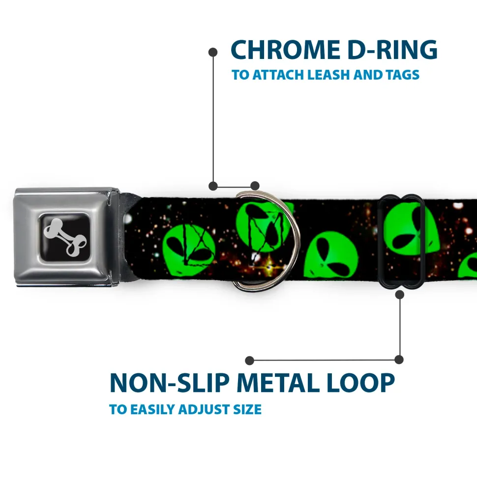 Dog Bone Seatbelt Buckle Collar - Aliens Head Scattered Galaxy2/Green/Black