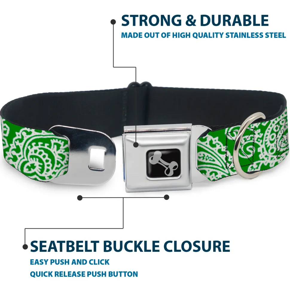Dog Bone Seatbelt Buckle Collar - Bandana/Skulls Irish Green/White